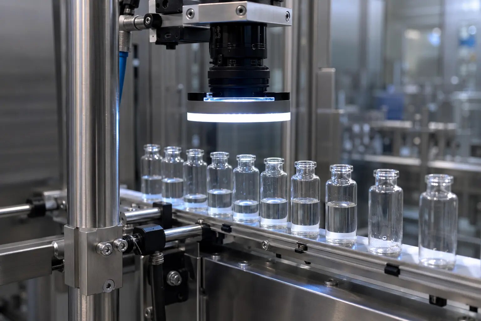 Industrial camera and controlled lighting inspecting bottles on a packaging line