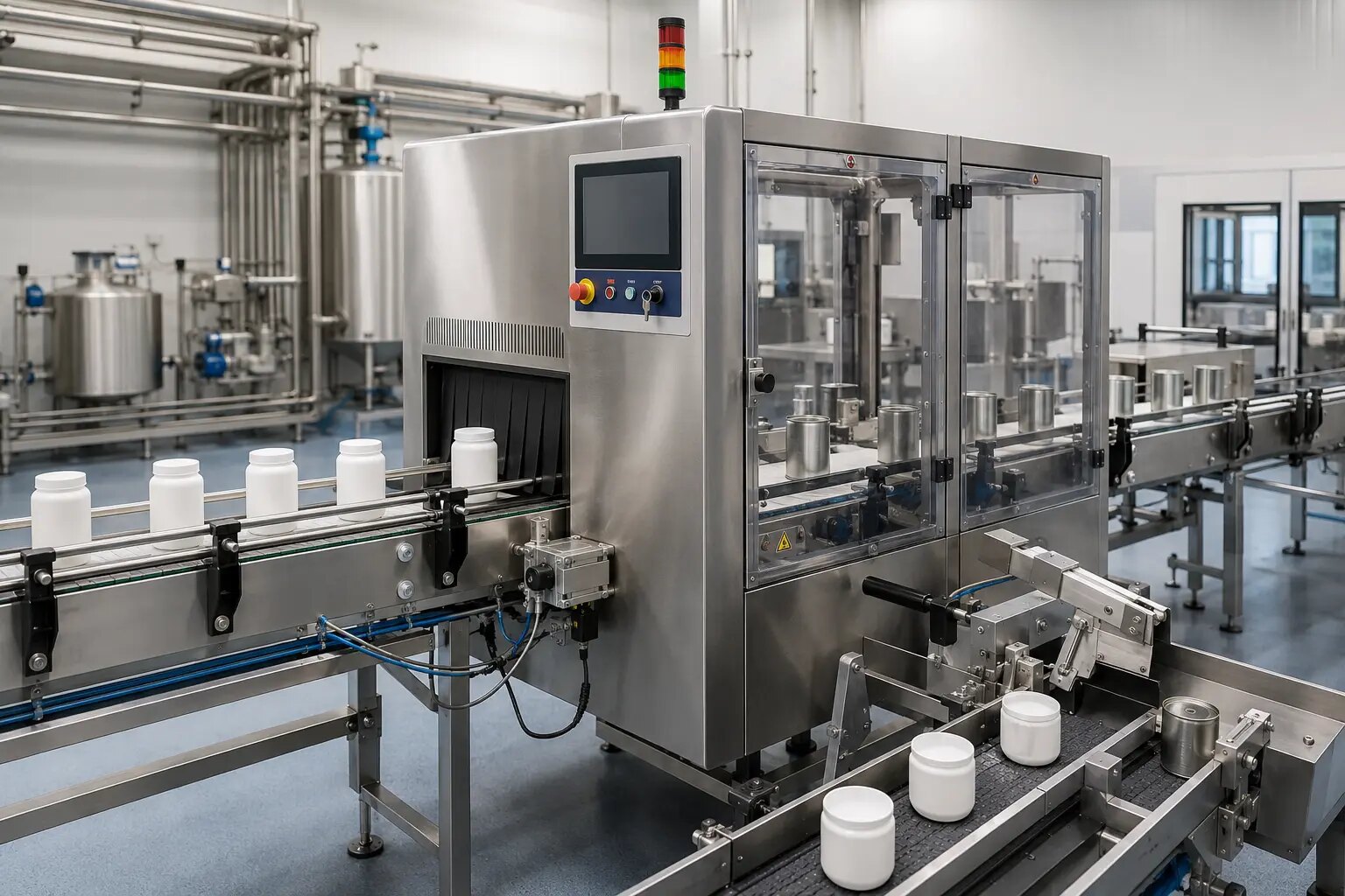Production-line inspection station checking opaque containers before automatic rejection
